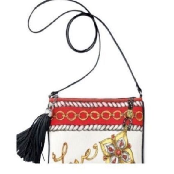 Brighton Women’s Small Crossbody Glitter and Go Pouch White Red with Tassel - Picture 6 of 16